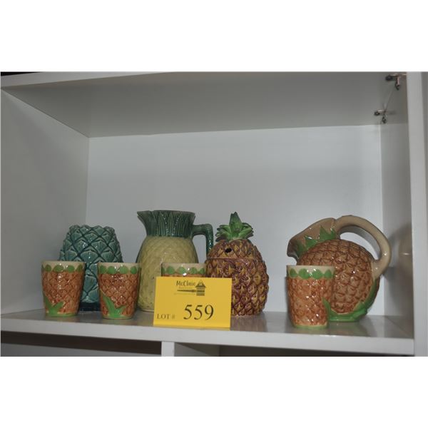 COLLECTION OF PINEAPPLE THEMED PITCHERS, CUPS & VASE (8 PCS)