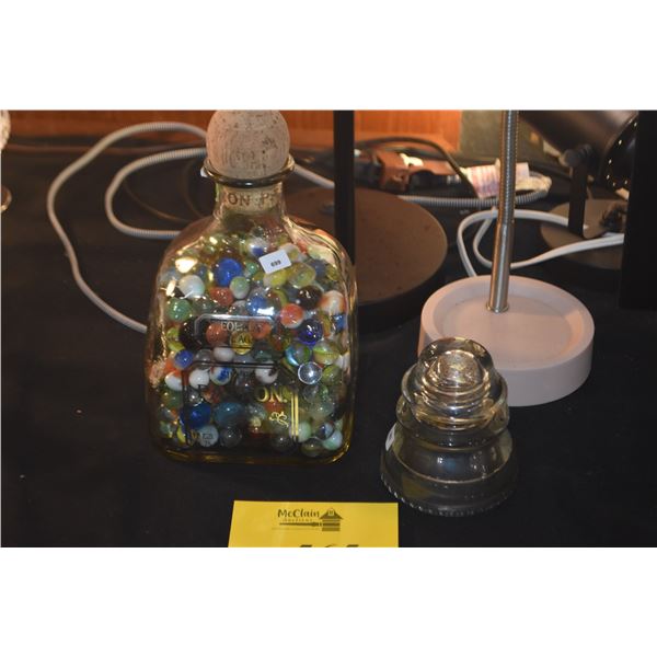 BOTTLE OF MARBLES & GLASS INSULATOR