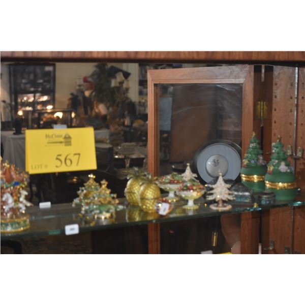 COLLECTION OF FIGURAL BOXES & MINIATURE SANTA FIGURE (14 PCS)