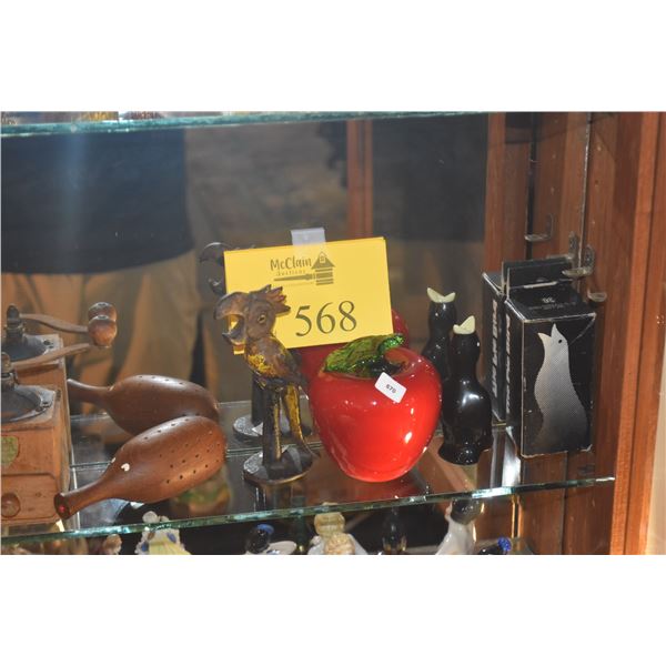 MIXED LOT: PEPPER GRINDER, HEDGEHOG TOOTHPICK HOLDER, CAST IRON PARROT BOTTLE OPENER, GLASS APPLE & 