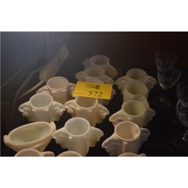 1930'S MACBETH EVANS DOUBLE HORSE HEAD MILK GLASS SHAVING CUPS & SWAN BOWL (15 PCS)