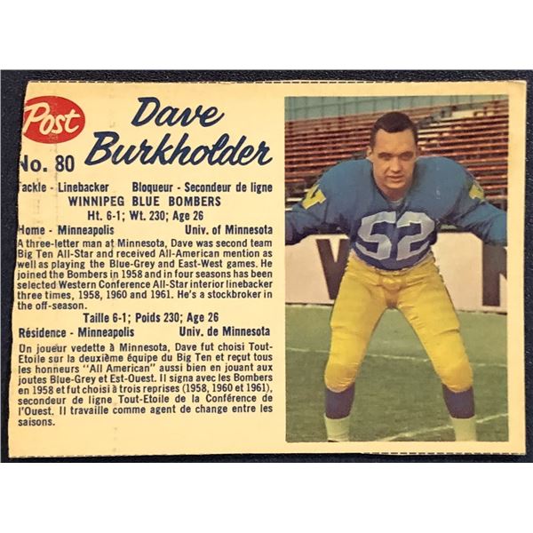 1962 POST CEREAL CFL DAVE BURKHOLDER