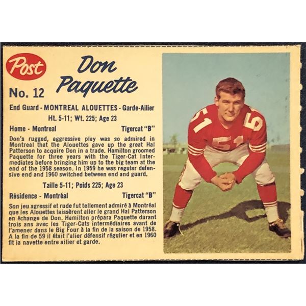 1962 POST CEREAL CFL DON PAQUETTE