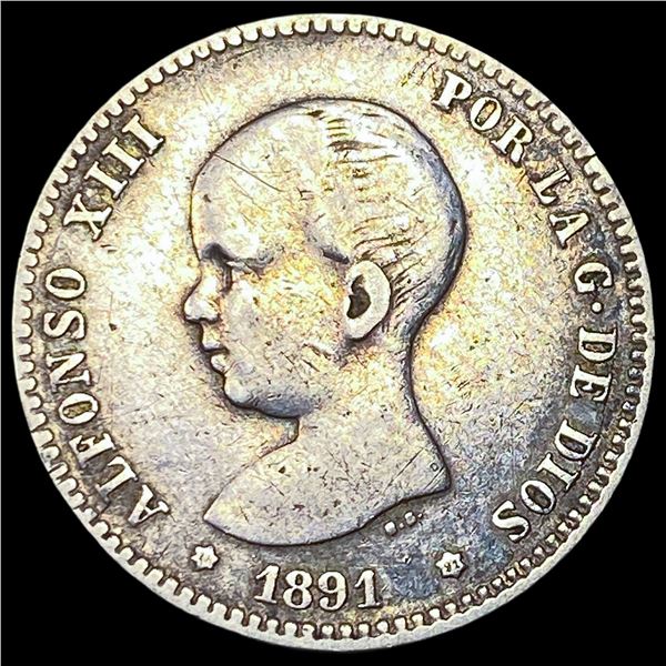 1891 Spain Silver 1 Peseta NEARLY  UNCIRCULATED