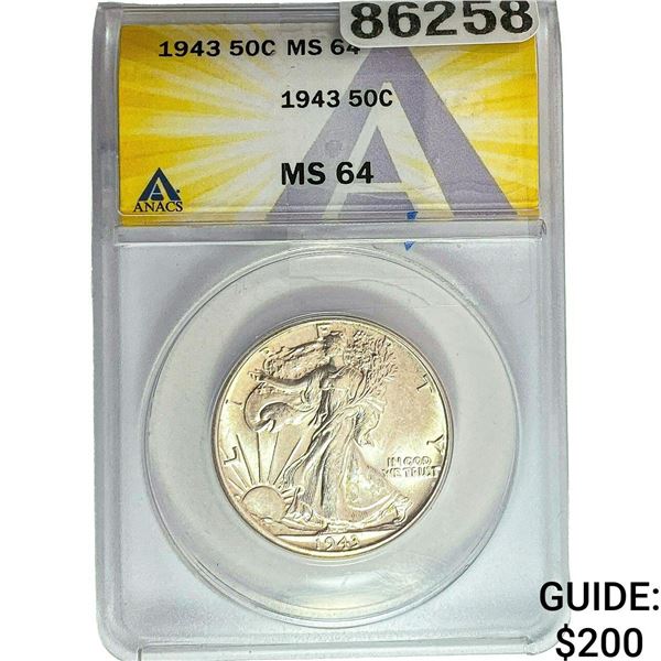 1943 Walking Liberty Half Dollar ANACS MS64