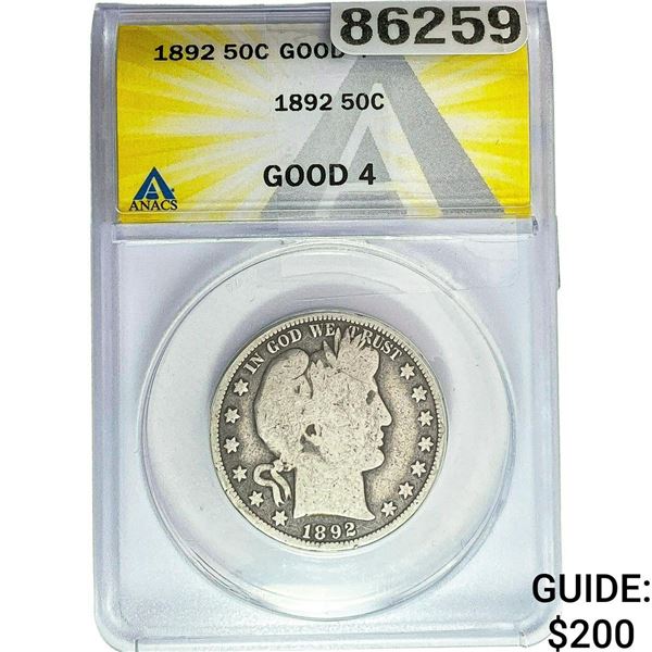 1892 Barber Half Dollar ANACS G4