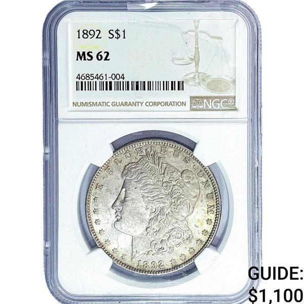 1892 Morgan Silver Dollar NGC MS62