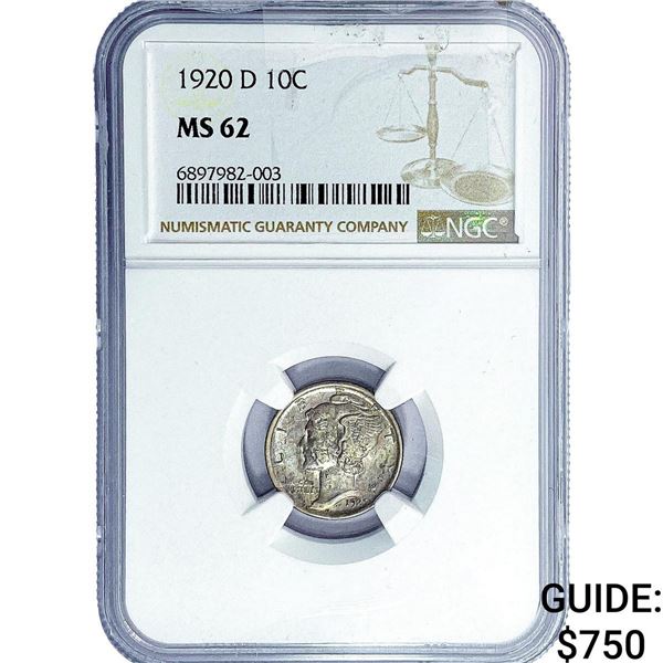 1920-D Mercury Silver Dime NGC MS62