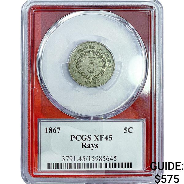 1867 Shield Nickel PCGS XF45 Rays