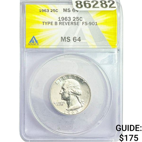 1963 Washington Silver Quarter ANACS MS64