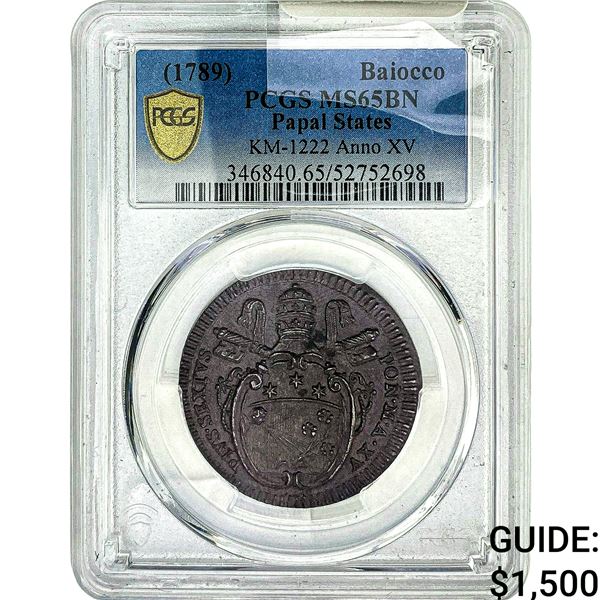 1789 Papal States Copper Baiocco PCGS MS65 BN