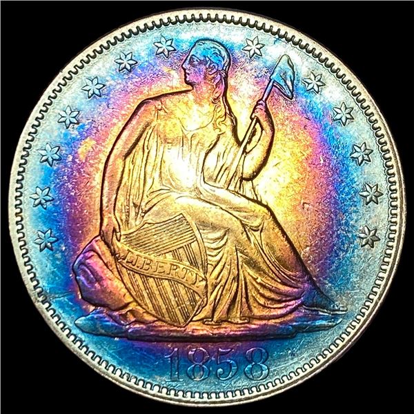 1858 Toned Silver Seated Liberty Half Dollar  NEARLY UNCIRCULATED