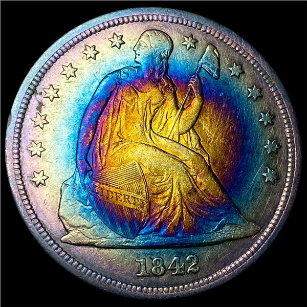 1842 Toned Seated Liberty Dollar ABOUT  UNCIRCULATED