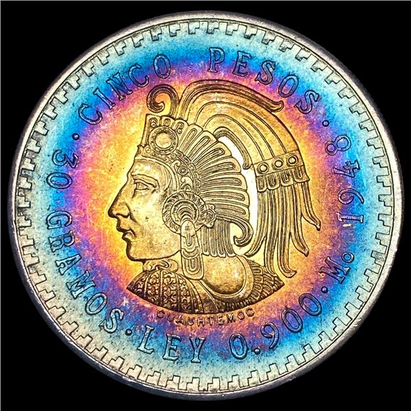 1948 Toned Mexico Silver 5 Pesos UNCIRCULATED