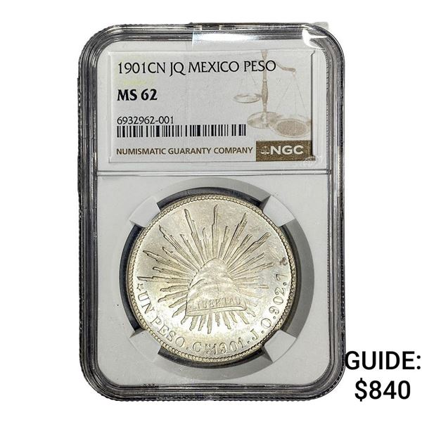 1901CN JQ Mexico Silver 1 Peso NGC MS62