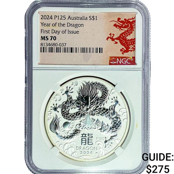 2024 $1 Sliver Australia Year of the Dragon  NGC MS70