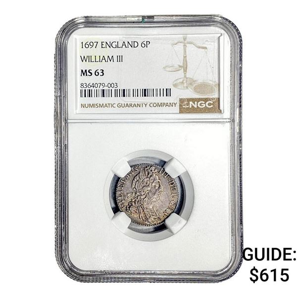 1697 England William III Silver 6 Pence NGC  MS63