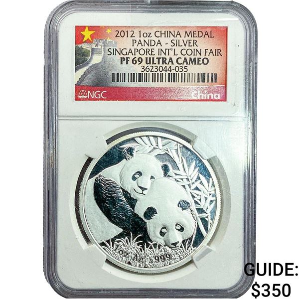 2012 1oz China Medal Panda Singapore NGC PF69  Ultra Cameo