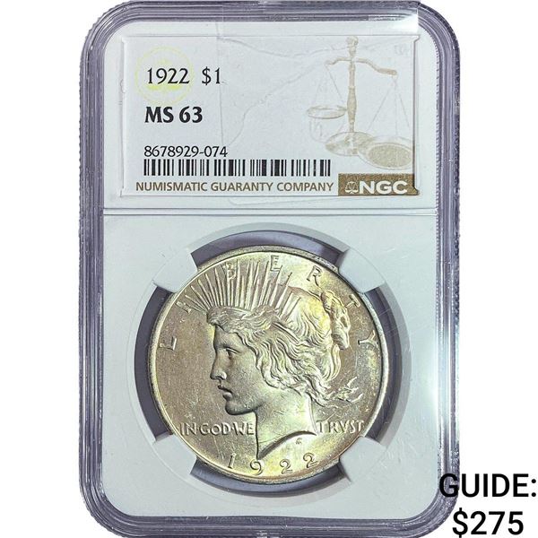1922 Silver Peace Dollar NGC MS63