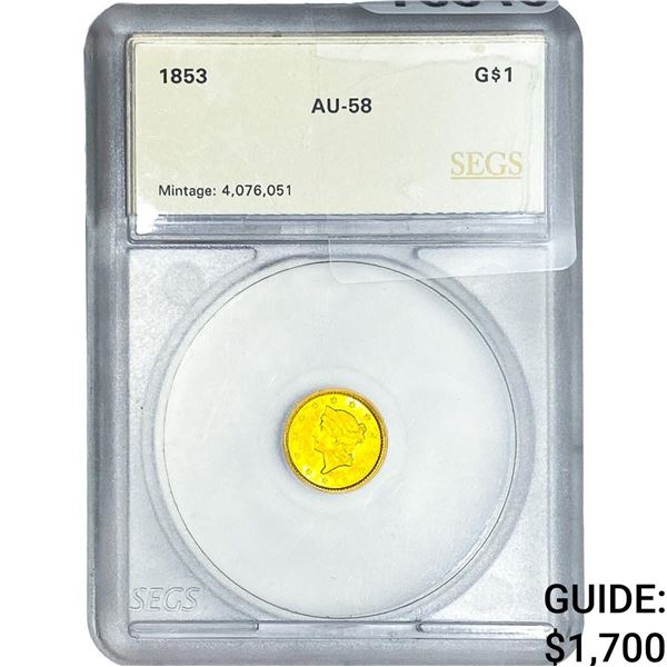1853 Rare Gold Dollar SEGS AU58