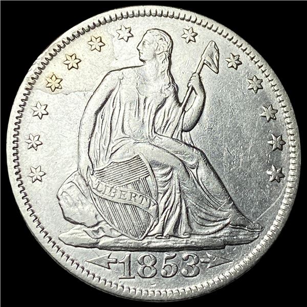 1853 Arrows/Rays Silver Seated Liberty Half   Dollar CLOSELY UNCIRCULATED