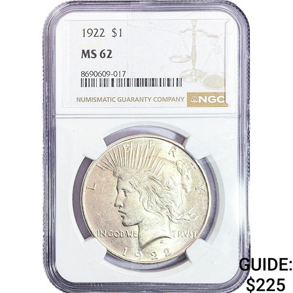1922 Silver Peace Dollar NGC MS62