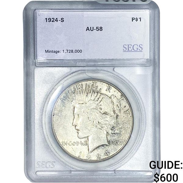 1924-S Silver Peace Dollar SEGS AU58