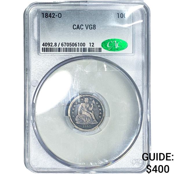 1842-O Seated Liberty Dime CAC VG8