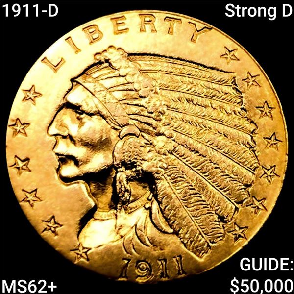 1911-D Strong D $2.50 Gold Quarter Eagle  UNCIRCULATED +