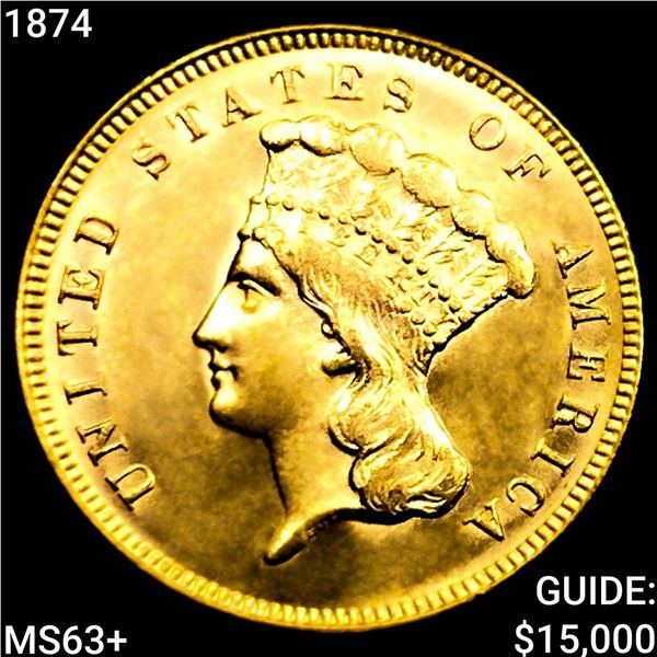 1874 $3 Gold Piece CHOICE BU+