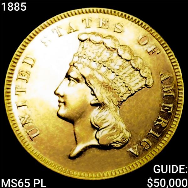 1885 $3 Gold Piece GEM BU PL