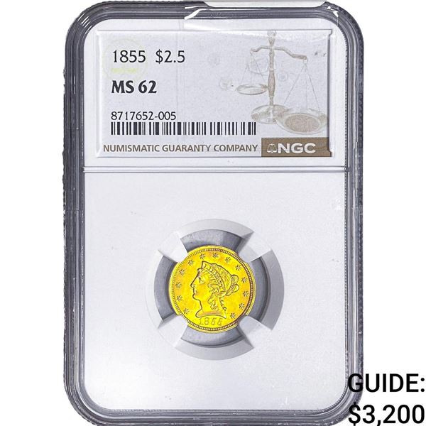 1855 $2.50 Gold Quarter Eagle NGC MS62