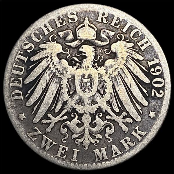 1902 Germany, Silver 2 Marks NEARLY  UNCIRCULATED