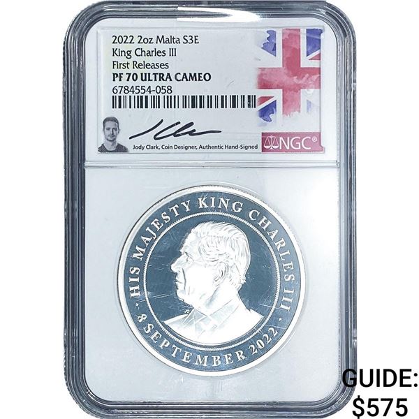 2022 2oz Malta S3E King Charles III NGC PF70  Ultra Cameo