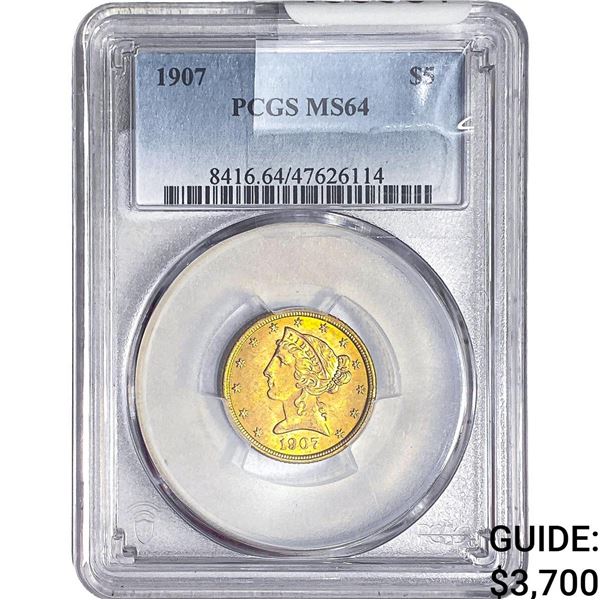 1907 $5 Gold Half Eagle PCGS MS64