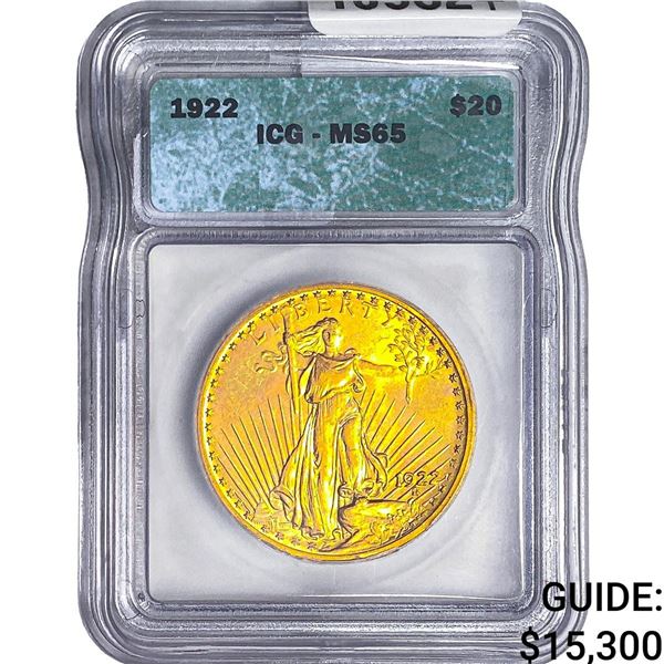 1922 $20 Gold Double Eagle ICG MS65
