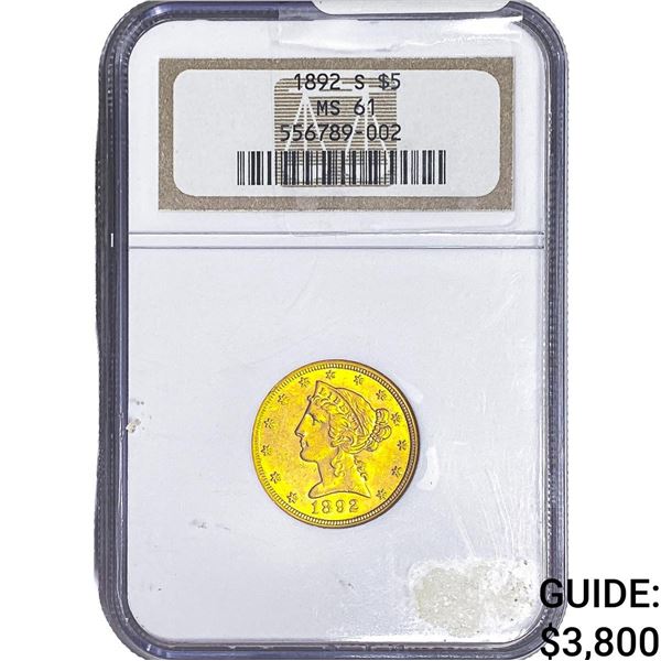 1892-S $5 Gold Half Eagle NGC MS61