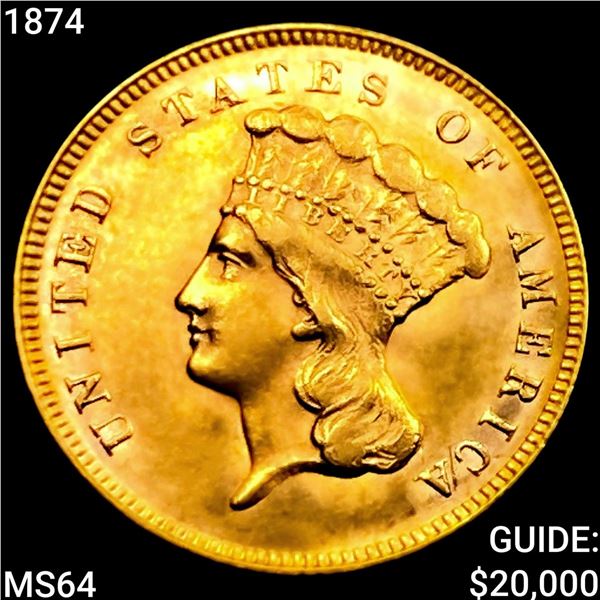 1874 $3 Gold Piece CHOICE BU