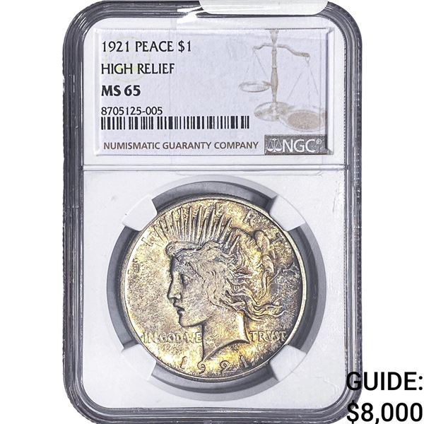 1921 Silver Peace Dollar NGC MS65 High Relief