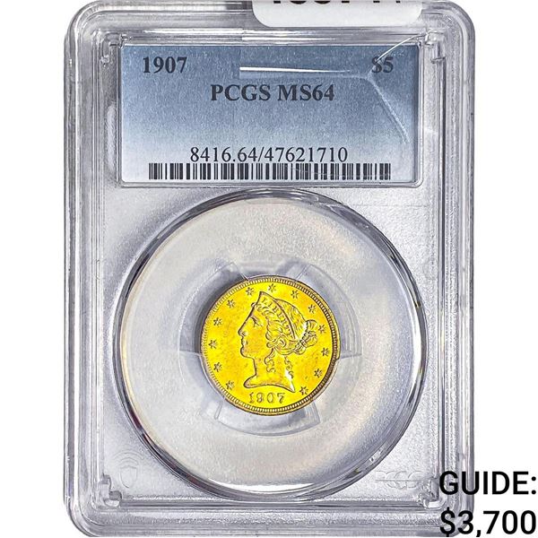 1907 $5 Gold Half Eagle PCGS MS64