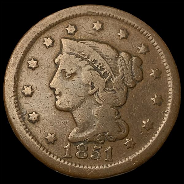 1851 Braided Hair Large Cent LIGHTLY  CIRCULATED