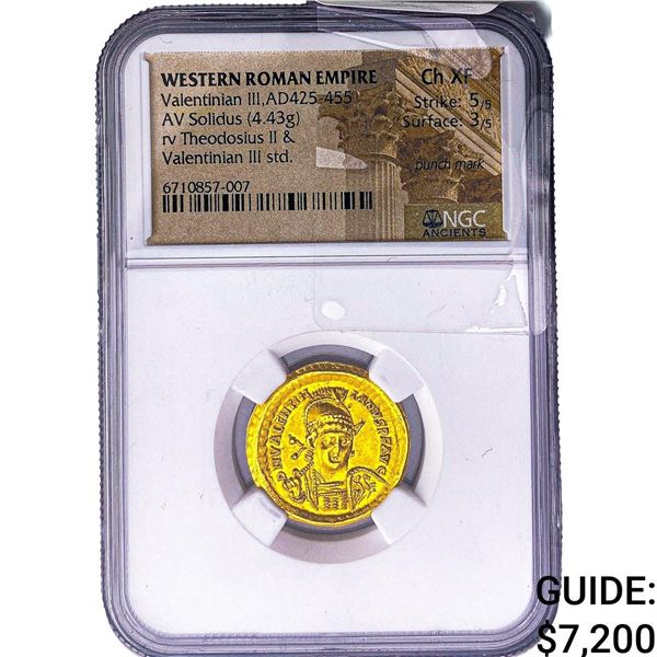 Western Roman ValentinianIII 425-455 Gold  Solidus NGC XF