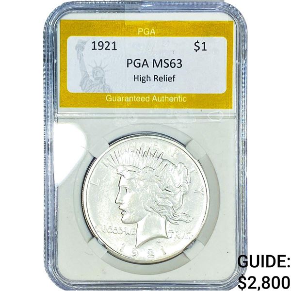 1921 Silver Peace Dollar PGA MS63 High Relief