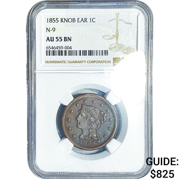 1855 Braided Hair Large Cent NGC AU55 BN Knob  Ear N-9