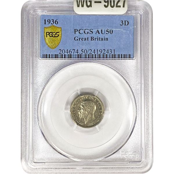 1936 Great Britain Silver 3 Pence PCGS AU50