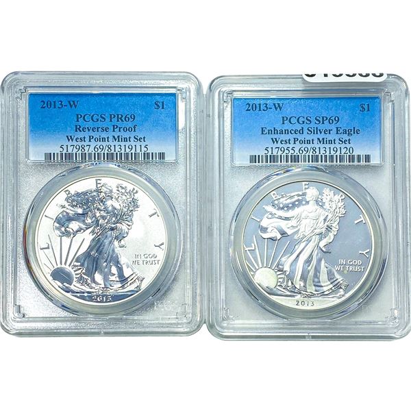 [2 Coins] 2013-W Silver Eagle PCGS SP/PR69