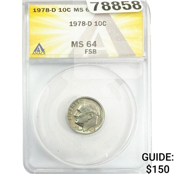 1978-D Roosevelt Dime ANACS MS64 FSB