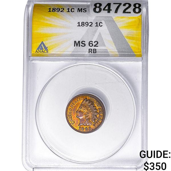 1892 Indian Head Cent ANACS MS62 RB