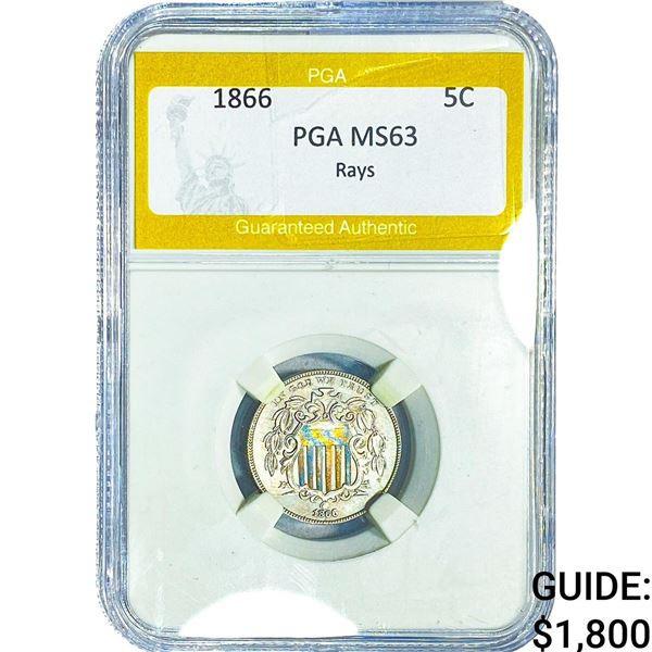 1866 Shield Nickel PGA MS63 Rays