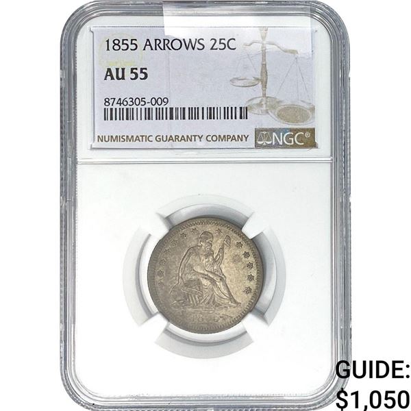 1855 Seated Liberty Quarter NGC AU55 Arrows